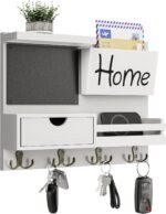 Farmhouse Key Holder for Wall with Mail Organizer - Easy Installation Wall Mount Organizer, Includes Chalkboard, Drawer, Wallet Holder & 4 Double Hooks, Ideal for Entryway, Quick Access - White - Image 2