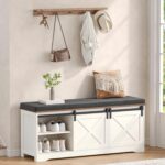 Farmhouse Storage Bench with Cushion, 47.2" Shoe Bench with Slide Barn Doors and Adjustable Shelves, Entryway Bench with Storage for Bedroom, Closet, Living Room, Hallway, White - Image 2