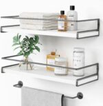 Forbena White Floating Shelves for Bathroom Organizer Over Toilet, Bathroom Shelves Wall Mounted with Towel Rack, Corner Wall Shelf for Bedroom Decor Kitchen Storage (White-Dark Grey, Set of 2) - Image 2
