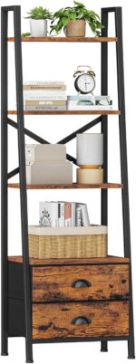 Furologee 4-Tier Ladder Shelf,Small Bookshelf with 2 Drawers,Vertical Bookcase Storage Rack Organizer,Rustic Bookshelves for Living Room,Bedroom,Bathroom,Home Office,Kitchen,Rustic Brown - Image 2