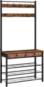 HOOBRO Hall Tree, Entryway Coat and Shoe Rack, 2 Fabric Drawers, Hall Tree with Bench, Shoe and Coat Rack, Coat Rack with Shoe Storage, 4 Tier Shoe Organizer, 9 Hooks, Rustic Brown and Black BF81MT01 - Image 2