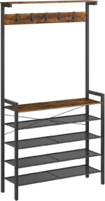 HOOBRO Hall Tree with Bench, Coat Rack with Shoe Storage, Shoe and Coat Rack, 5-Tier Entryway Shoe Storage, 5 Hooks, for 12-16 Pairs, Industrial, Hallway, Foyer, Mudroom, Rustic Brown BF74MT01 - Image 2