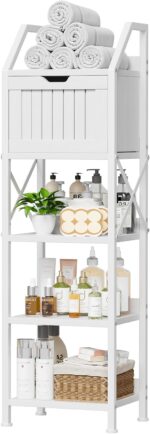 Homeiju Bathroom Floor Cabinet, 5-Tier Bathroom Storage Organizer Rack with Drawer, Multifunctional Corner Unit, 47.24 Inches in Height, White - Image 2