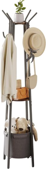 Homeiju Coat Rack Freestanding with Storage Basket & 12 Hooks, Heavy Duty Hall Tree for Entryway, Standing Coat Rack with Shelf for Hallway, Bedroom, Office Organization - Image 2
