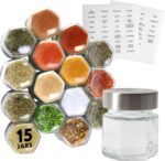 IMPRESA Hexagon Magnetic Spice Jars - Pack of 15-1.74 Oz Strong Magnetic Seasoning Containers - Space-Saving Honeycomb Spice Jars - Airtight Glass Storage Containers with Steel Lids - Image 2