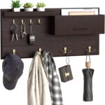 JackCubeDesign Entryway Coat Rack Wall Mount Key Holder Mail Envelope Hook Organizer Clothes Hat Hanger with Faux Brown Leather Shelf and Tray(Solid Wood, 20.5 x 9.1 x 3.4 inches) – :MK362B - Image 2