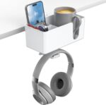 KDD 4-in-1 Desk Organizer - Under Desk Cup Holder and Headphone Hanger with 2 Wire Holes - Rotating Hanger and Detachable Storage for Cup, Phone and Pen (White) - Image 2