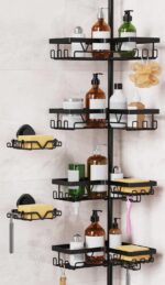 KEGII Shower Caddy Corner Tension Pole with 2 Suction Cup Soap Dishes, Rustproof 4-Tier Adjustable Bathroom Organizer, No-Drill Shower Storage Rack for, Fits 25–114.2 Inch, Black - Image 2