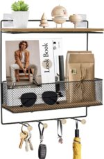 Key Holder Wall Mount, Self Adhesive Wall Organizer Key and Mail Holder Includes 4 Key Hooks, Mail Organizer Tray, Wooden Shelf for Entryway, Hallway, Kitchen, Living Room, Office - Image 2