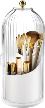 Makeup Brush Holder Organizer, 360 Rotating Makeup Brush Holder, Dustproof Waterproof Material & with 3 Compartments for Organized Storage, Dressing Tables Clear Storage Skincare Cosmetic (White) - Image 2