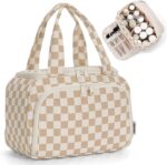 Narwey Checkered Travel Toiletry Bag for Women Large Makeup Bag, Wide-open Cosmetic Make Up Organizer with Handle, Travel Bag for Toiletries, Essentials, Accessories (Light Checkerboard) - Image 2
