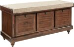 OSP Home Furnishings Dover Coastal Lift-Top Storage Bench with Shutter Face Styling, Distressed Brown Finish with Beige Linen Fabric Cushion - Image 2