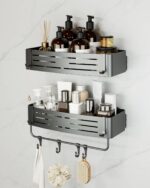 Onemake Shower Caddies Suction Cup, 2-Pack Removable Bathroom Shelf, Shower Organizer with Portable Hooks, Shower Caddy Corner Waterproof Holder with Towel Bar, Gray - Image 2