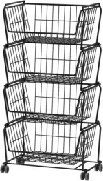 PUSDON Stackable Metal Storage Carts, Dual Use Shelf for Kitchen Fruit Vegetable Baskets with Wheels, Storage Rack for Living Room, Home & Office, Standard Black 4 Tiers - Image 2