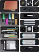 QUELIEN Desk Drawer Organizer Tray Set, 16PCS Plastic Drawer Organizer Bins for Office, Makeup, Kitchen - Gray Blue Desk Organizer with Flexible Interlocking Design for Efficient (Gray Blue, 16PCS) - Image 2