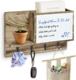 Rustic Wall Mounted Mail and Key Holder, Brown Solid Wood with Magnetic Whiteboard, 4 Hooks, Entryway Organizer - Image 2