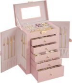 SONGMICS 6-Layer Jewelry Box Organizer with 5 Drawers, Jewelry Storage Case with Lock and Mirror, Large Storage Capacity, Gift for Loved Ones, for Necklaces, Watches, Jelly Pink UJBC152SA02S - Image 2