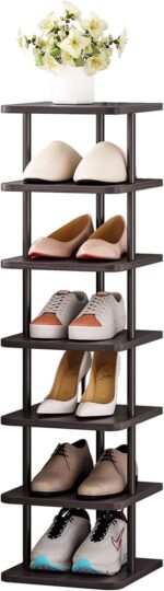 SORCEDAS 7 Tiers Vertical Shoe Rack Wooden Shoe Storage Organizer for Space Saving Narrow Shoe Shelf Storage 7 Pairs for Entryway Living Room Bedroom(Black + Rustic Dark Brown) - Image 2
