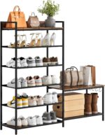 Shoe Rack Bench Storage Organizer for entryway,6-Tier Industrial Free Standing Shoe and Boot Racks with Seat,Entrance Shoe Rack Organizer Shelves for High Heels,Hallways, Closets,Brown,48.7in - Image 2