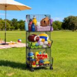 Sonyabecca Outdoor Toy Storage Basket, Play Kitchen Organizer with 5 S-Hooks,3 Tier Rolling Storage Cart Garage, Pantry Floor Snack Cart with Wheels,Toy Shelf Dog Storage Organizer Kids Bookshelf - Image 2