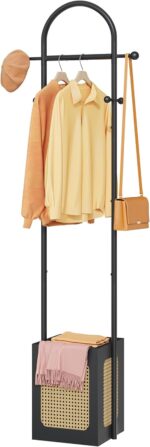 Tajsoon Coat Rack Stand with Wooden Base, Coat Tree Rattan Design, Coat Hanger Stand with 6 Hooks, Small Clothes Rack for Living Room, Bedroom, Office, Black - Image 2