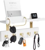 Tirzah Key Holder Wall Mount 2-Tier Real Wood White Entryway Organizer Floating Shelf with 5 Gold Metal Hooks, Sunglasses Holder Bar, Guard Rail for Keys, Mails, Hats (14" × 6" × 4") - Image 2