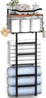 Towel Racks for Bathroom, 34IN Towel Rack Wall Mounted with 2 Pack Towel Shelf and a Wire Basket, Rolled Towel Holder Shelf Bathroom Storage and Organizer, Sturdy Metal & Wood, Black - Image 2