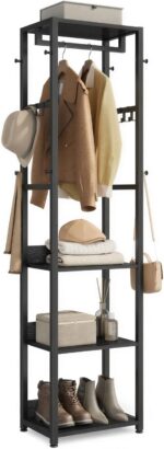 VASAGLE Coat Rack, Freestanding Hall Tree with Shelves, Hanging Rail, and Hooks, Space-Saving Coat Stand, Steel Frame, for Clothing, Bags, Hats, Ink Black and Charcoal Gray URCR061BD03 - Image 2