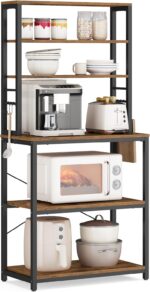 VASAGLE Coffee Bar, 23.6 Inches Baker's Rack for Kitchen with Storage, 6-Tier Kitchen Shelves with 6 Hooks, Microwave Stand, Industrial, Rustic Brown and Ink Black UKKS024B01 - Image 2