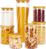 Vtopmart Glass Food Storage Jars, 7 Pack Kitchen Containers with Airtight Bamboo Wooden Lids for Pasta, Cookies, Nuts, Coffee Beans, Cereal, Canisters Set for Flour, Pantry Organization, BPA Free - Image 2