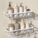White Shower Caddy Organizer, 2 Pack Adhesive Shampoo Holder Basket Shelves for Storage and Organization, Wall Suction Bath Bathtub Rack Set for RV Camper, Bathroom Restroom Decor and Accessories - Image 2