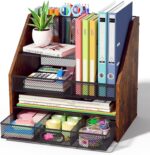 Wooden Desk Organizer - Mesh File Organizer with Drawers and Pen Holder - 4-Tier Vertical Paper Letter Storage Tray, Desktop Organizers and Accessories for Home Office - Image 2