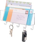 mDesign Plastic Wall Mount Mail and Key Holder with 5 Hooks, Hanger Rack Shelf for Home Entryway, Mudroom, Kitchen, Hold Letters, Cards, Magazines, Coats, Umbrellas, Ligne Collection - Clear - Image 2